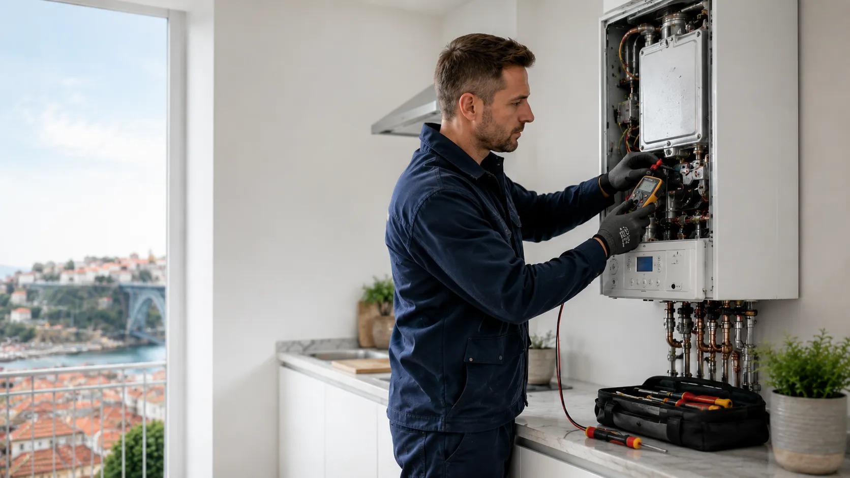 Técnico a reparar caldeira a gás